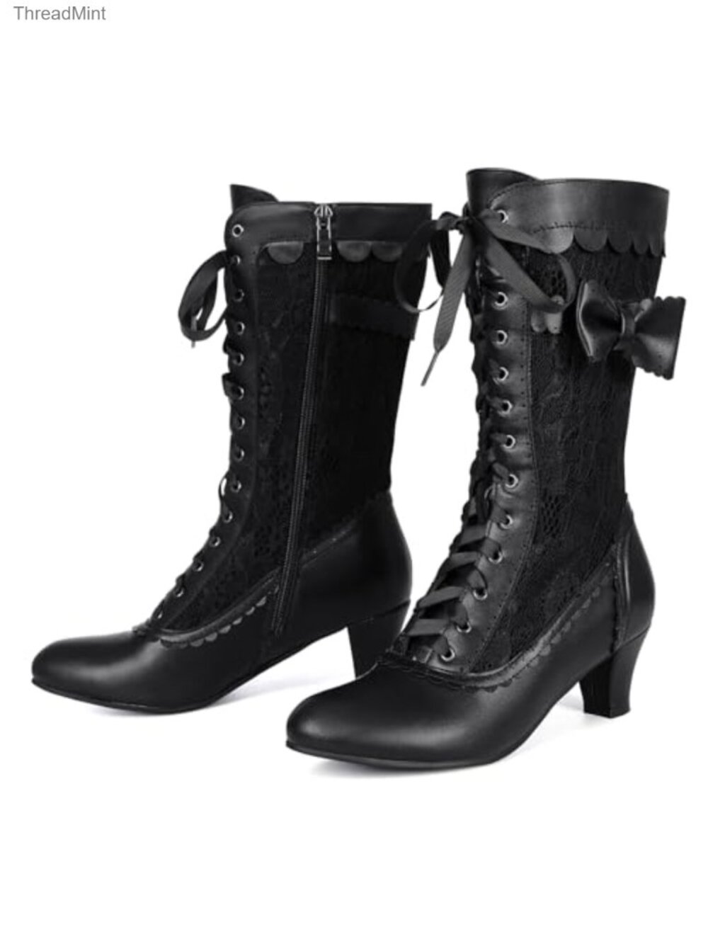 Victorian Lace-Up Mid Calf Granny Boots Kitten Heel Renaissance Costume Wedding